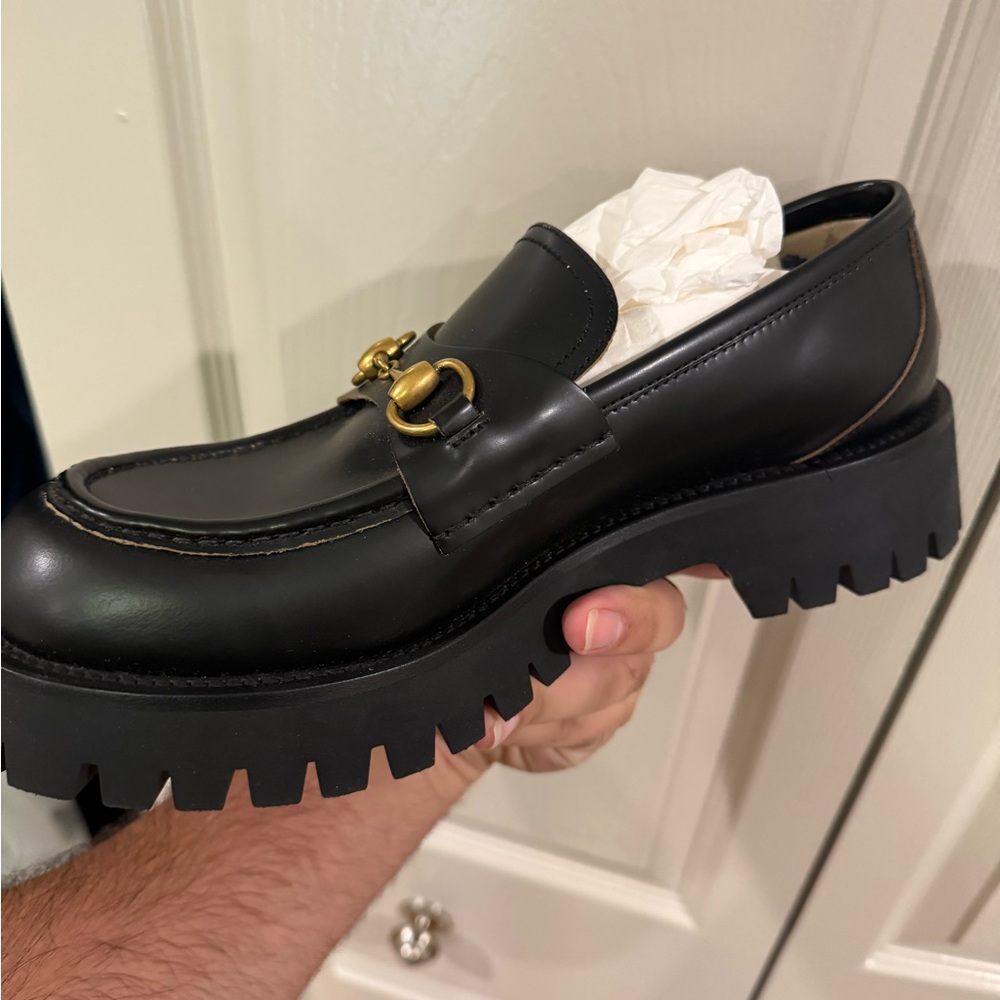 Gucci Black Leather Loafers with Gold Buckle